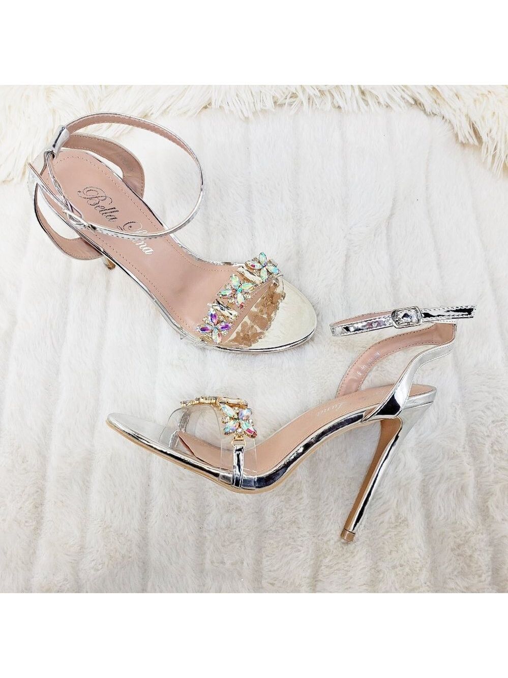 Jeweled Toe Strap High Heel Sandal Shoes Silver - Picture 2 of 10